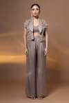 Buy_Label Shristi Chetani_Beige Silk Mirrors, Embroidery Open Neck, Sweetheart Hand Jacket And Pant Set _at_Aza_Fashions