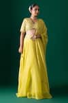 Buy_Label Shristi Chetani_Yellow Silk Embroidery, Mirrors, Beads V-neck Work Bralette Lehenga Set _at_Aza_Fashions