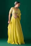 Label Shristi Chetani_Yellow Silk Embroidery, Mirrors, Beads V-neck Work Bralette Lehenga Set _Online_at_Aza_Fashions