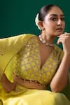 Shop_Label Shristi Chetani_Yellow Silk Embroidery, Mirrors, Beads V-neck Work Bralette Lehenga Set _Online_at_Aza_Fashions