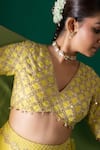 Label Shristi Chetani_Yellow Silk Embroidery, Mirrors, Beads V-neck Work Bralette Lehenga Set _at_Aza_Fashions