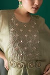 Label Shristi Chetani_Green Silk Embroidery, Mirrors Round Neck Hand Overlay Kurta Set _at_Aza_Fashions