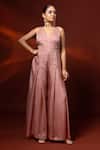 Label Shristi Chetani Pink Silk Embroidery, Mirrors V-neck, Open Hand Jumpsuit And Short Jacket Set Online at Aza Fashions Label Shristi Chetani_Pink Silk Embroidery, Mirrors V-neck, Open Hand Jumpsuit And Short Jacket Set _Online_at_Aza_Fashions