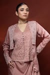 Label Shristi Chetani_Pink Silk Embroidery, Metallic Thread V-neck, Geometric Hand Jacket Skirt Set _at_Aza_Fashions