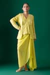 Buy_Label Shristi Chetani_Yellow Silk Embroidery V-neck Hand Jacket Skirt Set _at_Aza_Fashions