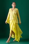 Shop_Label Shristi Chetani_Yellow Silk Embroidery V-neck Hand Jacket Skirt Set _Online_at_Aza_Fashions