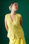 Label Shristi Chetani_Yellow Silk Embroidery V-neck Hand Jacket Skirt Set _at_Aza_Fashions