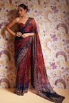 Mahima Mahajan_Red Silk Organza Beads, Stones, Aziza Print Pre-draped Saree And Corset Set _at_Aza_Fashions