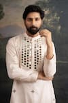 Thetaa_Beige Silk, Cotton Mirrors, Embroidery Kurta And Pant Set _at_Aza_Fashions