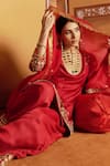Thetaa_Red Silk Embroidery, Mirrors, Gota Patti Scoop Neck Hand Work Kurta Set _at_Aza_Fashions