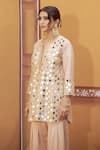 Thetaa_Beige Chanderi Silk, Satin, Organza Mirrors, Embroidery, Work Kurta Palazzo Set _Online_at_Aza_Fashions