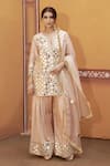 Buy_Thetaa_Beige Chanderi Silk, Satin, Organza Mirrors, Embroidery, Work Kurta Palazzo Set _at_Aza_Fashions