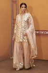 Thetaa_Beige Chanderi Silk, Satin, Organza Mirrors, Embroidery, Work Kurta Palazzo Set _at_Aza_Fashions
