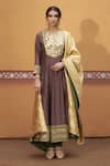 Buy_Thetaa_Brown Silk, Viscose, Polyester Mirrors, Embroidery, Zari Round Neck Anarkali Set _at_Aza_Fashions