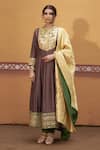 Thetaa_Brown Silk, Viscose, Polyester Mirrors, Embroidery, Zari Round Neck Anarkali Set _Online_at_Aza_Fashions