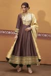 Buy_Thetaa_Brown Silk, Viscose, Polyester Mirrors, Embroidery, Zari Round Neck Anarkali Set 