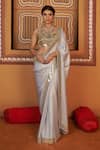 Buy_Thetaa_Gold Satin Mirrors Square , Scoop Work Saree And Blouse Set _at_Aza_Fashions