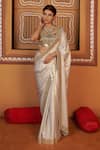 Buy_Thetaa_Gold Satin Mirrors Square , Scoop Work Saree And Blouse Set _Online_at_Aza_Fashions