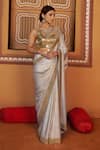 Thetaa_Gold Satin Mirrors Square , Scoop Work Saree And Blouse Set _at_Aza_Fashions