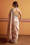 Shop_Thetaa_Brown Satin, Cotton Mirrors, Embroidery Halter Neck, Hand Saree And Blouse Set _at_Aza_Fashions