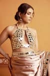 Thetaa_Brown Satin, Cotton Mirrors, Embroidery Halter Neck, Hand Saree And Blouse Set _Online_at_Aza_Fashions