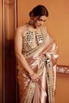 Shop_Thetaa_Brown Satin, Cotton Mirrors, Embroidery Halter Neck, Hand Saree And Blouse Set _Online_at_Aza_Fashions