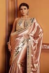 Shop_Thetaa_Brown Satin, Cotton Mirrors, Embroidery Halter Neck, Hand Saree And Blouse Set 