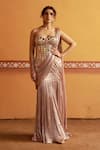 Buy_Thetaa_Blush Satin, Cotton Mirrors Sweetheart Embroidered Corset And Pre-draped Saree Set _at_Aza_Fashions