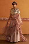 Buy_Thetaa_Blush Satin Mirrors, Embroidery, Ruffles Round Blouse And Pleated Lehenga Set _Online_at_Aza_Fashions