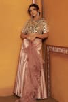 Shop_Thetaa_Blush Satin Mirrors, Embroidery, Ruffles Round Blouse And Pleated Lehenga Set _Online_at_Aza_Fashions