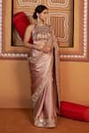 Thetaa_Beige Satin, Cotton Embroidery, Mirrors, Zari Halter Hand Saree And Blouse Set _at_Aza_Fashions