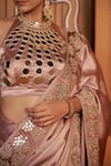 Shop_Thetaa_Beige Satin, Cotton Embroidery, Mirrors, Zari Halter Hand Saree And Blouse Set 