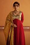 Thetaa_Red Georgette, Silk, Shantoon Mirrors, Zari V-neck Embroidered Anarkali Set _Online