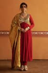 Buy_Thetaa_Red Georgette, Silk, Shantoon Mirrors, Zari V-neck Embroidered Anarkali Set _at_Aza_Fashions