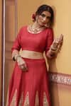 Thetaa_Red Silk, Organza Embroidery, Mirrors, Zari Round Neck Hand Lehenga Set _Online_at_Aza_Fashions