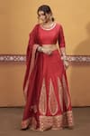 Buy_Thetaa_Red Silk, Organza Embroidery, Mirrors, Zari Round Neck Hand Lehenga Set _at_Aza_Fashions
