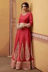 Buy_Thetaa_Red Silk, Organza Embroidery, Mirrors, Zari Round Neck Hand Lehenga Set 