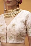 Shop_Thetaa_Ivory Silk, Organza Embroidery, Metallic Thread V-neck Hand Lehenga Set _Online_at_Aza_Fashions