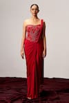 Buy_Sakshi Khetterpal_Red Net, Lycra Embroidery, Sequins Bandeau Neck Strapless Draped Saree Gown _at_Aza_Fashions