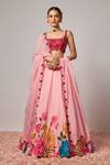 Buy_Krishna Padia_Pink Silk, Organza Embroidery, Sequins Square Neck Floral Hand Lehenga Set _at_Aza_Fashions