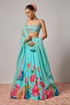 Buy_Krishna Padia_Blue Silk, Organza Sequins, Embroidery Square Neck Floral Hand Lehenga Set _at_Aza_Fashions