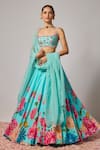 Shop_Krishna Padia_Blue Silk, Organza Sequins, Embroidery Square Neck Floral Hand Lehenga Set _Online_at_Aza_Fashions