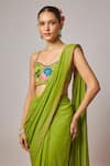 Shop_Krishna Padia_Green Lurex, Georgette, Organza Floral Hand Pre-draped Saree With Blouse _Online_at_Aza_Fashions
