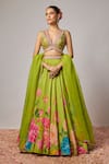 Buy_Krishna Padia_Lime Doriya, Organza Sequins, Beads, Stones, Embroidery Floral Print Lehenga Set _at_Aza_Fashions