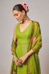 Krishna Padia_Lime Georgette, Lycra, Organza Sequins, Embroidery V-neck Floral Hand Kurta Set _Online_at_Aza_Fashions