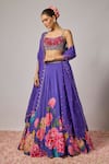 Shop_Krishna Padia_Blue Doriya, Organza Embroidery, Sequins, Beads, Fabric Floral Hand Lehenga Set _Online_at_Aza_Fashions