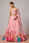 Buy_Krishna Padia_Pink Organza Embroidery, Beads, Sequins Sweetheart Neck Floral Hand Lehenga Set _Online_at_Aza_Fashions