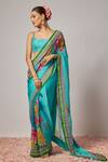 Buy_Krishna Padia_Blue Organza, Silk Embroidery, Floral Hand Pre-draped Saree With Blouse _at_Aza_Fashions