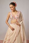 Krishna Padia_Ivory Organza Embroidery, Beads, Sequins V-neck Floral Hand Lehenga Set _Online_at_Aza_Fashions