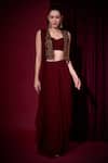 Buy_Aayushi Maniar_Maroon Georgette, Velvet Rudrani Pre-draped Saree Set With Crop Jacket _at_Aza_Fashions